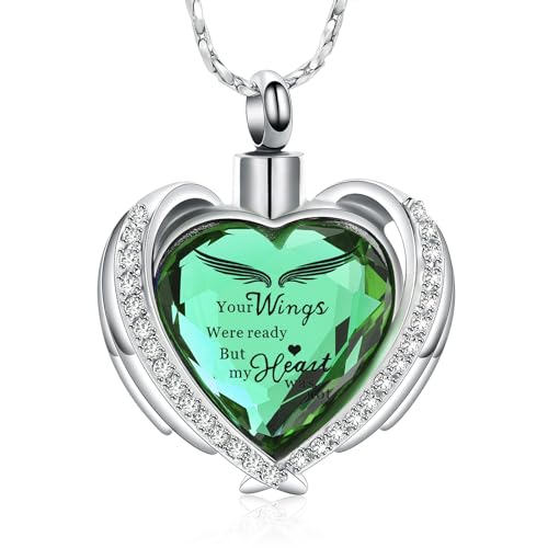 Imrsanl Cremation Jewelry for Ashes Pendant - Crystal Heart Urn Necklace with Mini Keepsake Urn Memorial Ash Jewelry - color: Silver Green