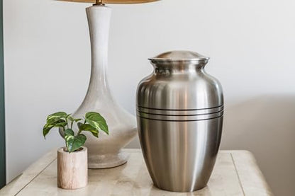 Classic Three Bands Pewter Cremation Urn for Ashes, Brass, Silver Urn, Adult Sized Cremation Urn, 9.75 Inches High - size: Adult Urn