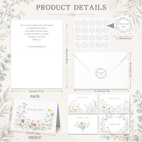 Fumete 50 Set Funeral Thank You Cards, Watercolor Wildflowers | with Envelopes and Sticker Thank You Sympathy Card with Message Bereavement for Funeral Family Loved Ones Celebration of Life - style: Watercolor Wildflowers
