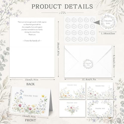 Fumete 50 Set Funeral Thank You Cards, Watercolor Wildflowers | with Envelopes and Sticker Thank You Sympathy Card with Message Bereavement for Funeral Family Loved Ones Celebration of Life - style: Watercolor Wildflowers