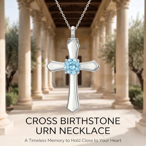 YYB Urn Necklace for Ashes Women Heart Birthstone Cross Cremation Jewelry | Memorial Keepsake Funeral Jewelry for Loved Ones (with Funnel Filler) - color: 03--Aquamarine March