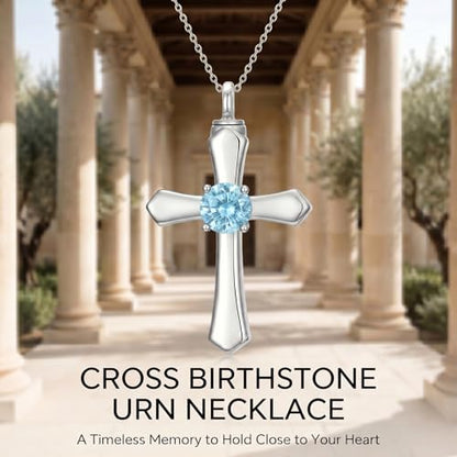 YYB Urn Necklace for Ashes Women Heart Birthstone Cross Cremation Jewelry | Memorial Keepsake Funeral Jewelry for Loved Ones (with Funnel Filler) - color: 03--Aquamarine March