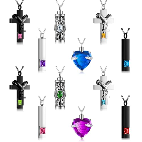 12 Pcs Urn Necklace for Ashes Bulk Cremation Cross Heart Cubic Jewelry Stainless Steel Memorial Locket for Men Women - color: Multicolor