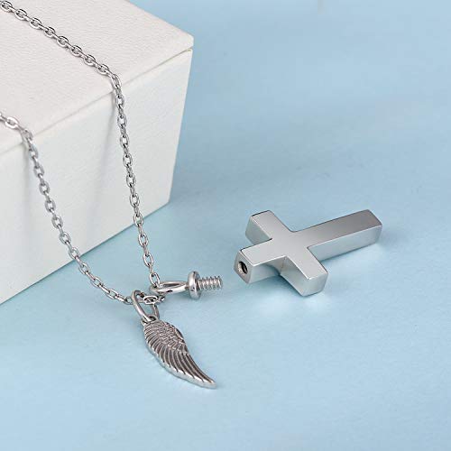 BEILIN Angel Wings Cross Cremation Urn Pendant Necklace Jewelry for Women | 925 Sterling Silver, Cross Souvenir Ashes Pendant, Cremation Jewelry for Human Pets, Memorial Keepsake, Hypoallergic