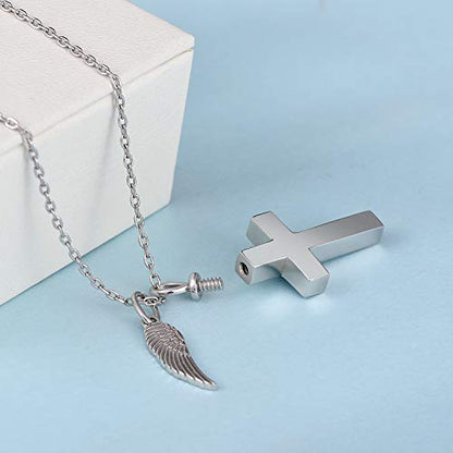BEILIN Angel Wings Cross Cremation Urn Pendant Necklace Jewelry for Women | 925 Sterling Silver, Cross Souvenir Ashes Pendant, Cremation Jewelry for Human Pets, Memorial Keepsake, Hypoallergic