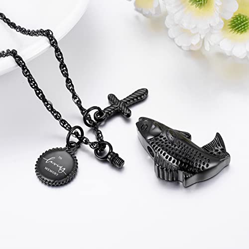 Dletay Fish Cremation Jewelry for Ashes Memorial Ashes Keepsake Necklace Urn Necklace Pendant - color: Black-cross