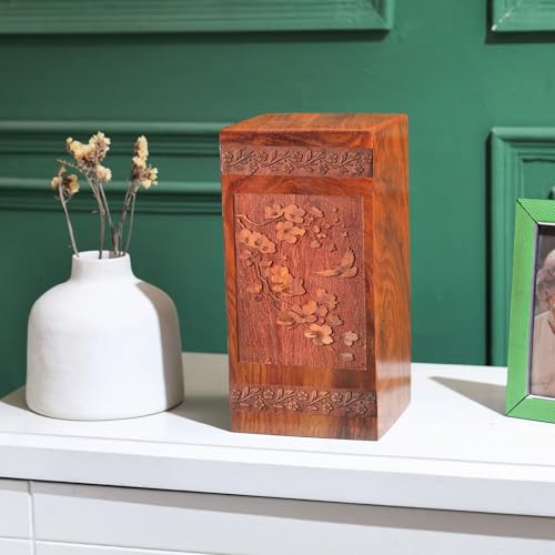 Cherry Blossoms Adult Ashes Urn 10 Inch, Wooden Memorial Urns for Female | Decorative Cremation Urns for Men, Burial Urn 200 Cu" for Adult Human Ashes