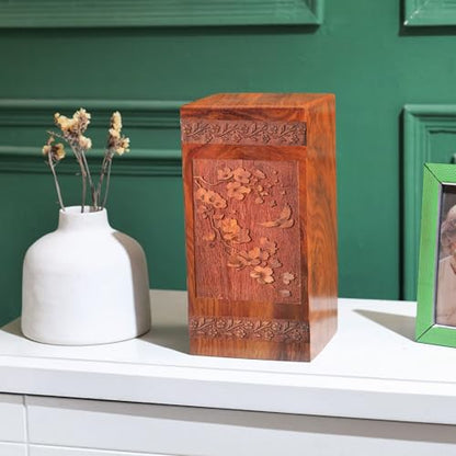 Cherry Blossoms Adult Ashes Urn 10 Inch, Wooden Memorial Urns for Female | Decorative Cremation Urns for Men, Burial Urn 200 Cu" for Adult Human Ashes