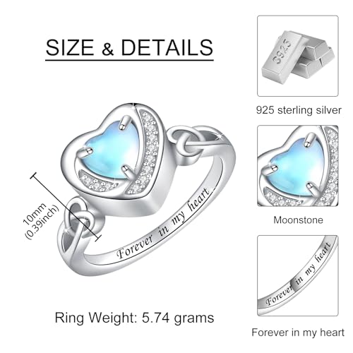 Heart Cremation Ring for Ashes - 925 Sterling Silver Teardrop Urn Keepsake Rings Memorial Jewelry for Women - style: Moonstone