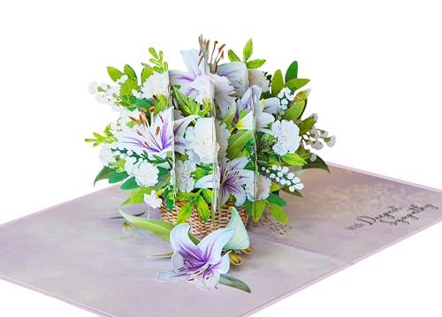 Purple Lilies Basket Pop Up Sympathy Cards with Envelopes, 6x8 in Sorry for Your Loss Card, Religious Pop Up Sympathy for Loss of Loved one, Mother, Father, Husband (Purple Lilies Basket) - color: Purple Lilies Sympathy