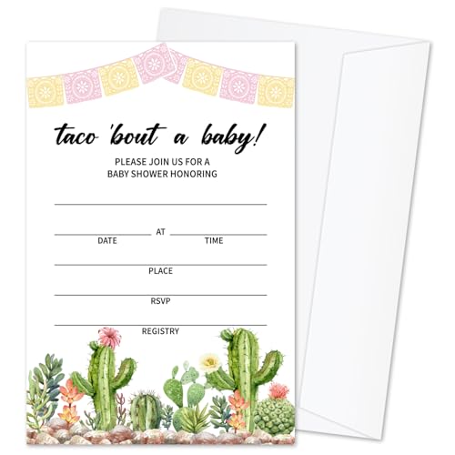Taco Bout A Baby Baby Shower Invitations for Boys Girls, Cactus Baby Announcement Invite Cards, 25 Set of Fill-in Baby Shower Invites with Envelopes, Gender Reveal Party Supplies -B09 - color: Taco