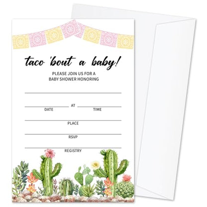 Taco Bout A Baby Baby Shower Invitations for Boys Girls, Cactus Baby Announcement Invite Cards, 25 Set of Fill-in Baby Shower Invites with Envelopes, Gender Reveal Party Supplies -B09 - color: Taco