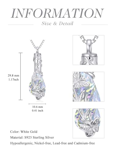 JKR Heart Urn Necklace for Ashes Crystal Keepsake Pendant Memorial Jewelry - style: Butterfly-Teardrop