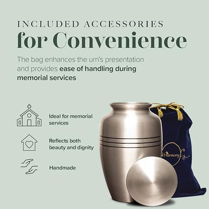 Eternal Harmony Large Urn for Ashes, Adult Male & Female Cremation Vase for Human Ashes, Secure Seal & Velvet Bag, Funeral Vase for Men & Women Up to 200 lbs, 7x11” (Large, Silver)