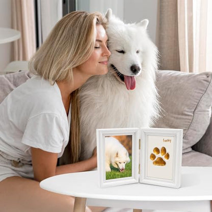 Avont Paw Print Kit, Pet Memorial Keepsake with Frame | Skin-Friendly Air-Dry Clay | Wooden Double-Hinged Frame | DIY Pet Name Stencils | Tabletop & Wall Mount | White - color: White