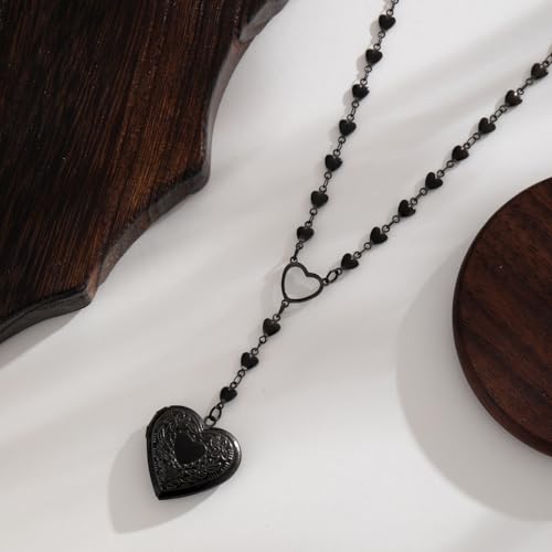 Personalized Heart Locket Necklace for Women Stainless Steel- Heart Necklace - color: black