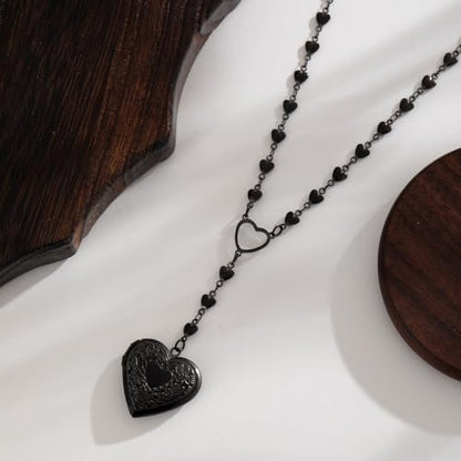 Personalized Heart Locket Necklace for Women Stainless Steel- Heart Necklace - color: black