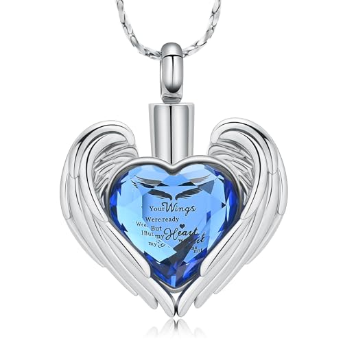 constantlife Crystal Heart Shape Cremation Jewelry Memorial Urn Necklace for Ashes, Stainless Steel Ash Holder Pendant Keepsake with Gift Box Charms Accessories for Women - color: Your Wings-Blue