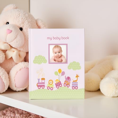 Lil' Peach Safari Train Baby Memory Book Photo Journal, Baby’s First Year Babybook Keepsake, Gender-Neutral Gift, Pink - style: Pink Safari