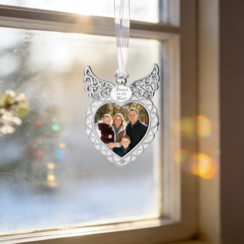 Angel Wing Heart Hanging Picture Frame 2.5x2.5 Memorial Metal Photo Ornament “Always in My Heart” Keepsake (Silver)