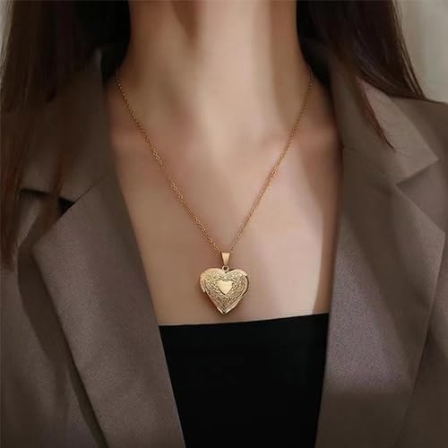 Gold Locket Necklace for Women, Vinatge Heart Oval Butterfly Angel Engraved Pendant that Holds Picture Photo Locket Memorial Necklace Personalized Jewelry Birthday Gifts - color: Heart/Gold