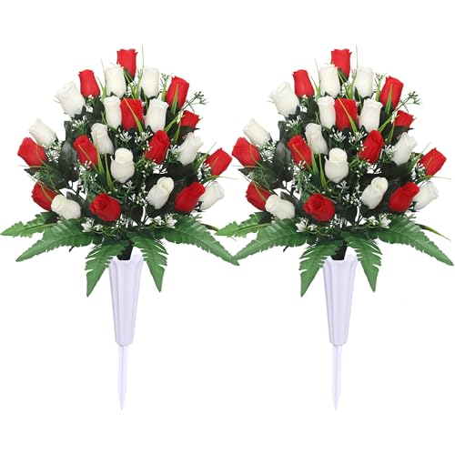 Lodou Artificial Cemetery Flowers,Outdoor Grave Decorations Roses,Arrangements Bouquet with Cemetery Vase, Silk Flowers for Long-Lasting Remembrance (Red White) - color: Red White