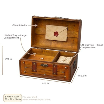 Wooden Treasure Chest with Removable Tray, Pirate Box, Medium 10.5x7x6 in - size: Medium