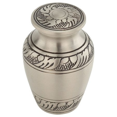 Feather Band Keepsake Cremation Urn for Ashes in Pewter, Brass, Gray Silver Urn, Keepsake Sized Cremation Urn, 2.75 Inches High - color: Feather Band
