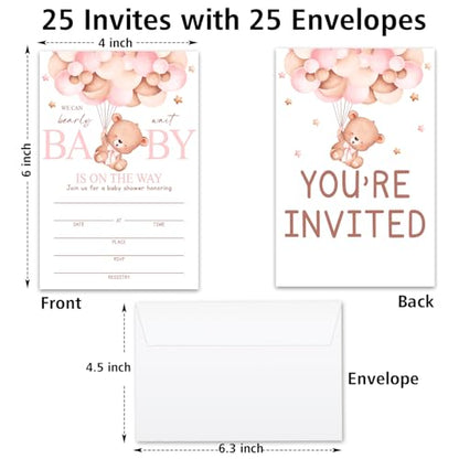 We Can Bearly Wait Baby Shower Invitations for Girls, Bear Balloon Invite Cards for Baby Announcement, 25 Set of Fill-in Baby Shower Invites with Envelopes, Gender Reveal Party Supplies -B07 - color: Pastel