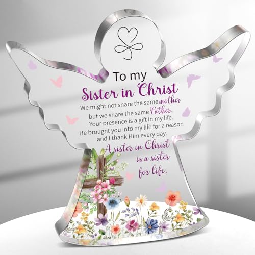 Gerrii Christian Gifts Women Angels Spiritual Desk Decor, Sister in Christ | Religious Plaque Bible Verse Gift for Her Mom Sister, Angel Sign Floral Acrylic Woman Decor, Christmas Holiday Birthday Gifts - style: Sister in Christian