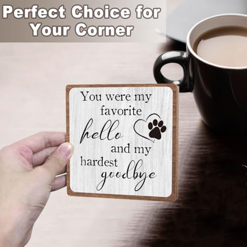 Pet Sympathy Gift for Women, Desk Shelf Decor for Loss of Loved One, 5×5 | Remembrance of Dog Cat, Condolence Gifts for Friend, Pet Memorial Bereavement Healing Keepsake for Dog Loss, Wooden Sign - style: Hello goodbye