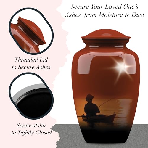 Forever URNS Adult Cremation Funeral Urn with Printed Fishing Man Theme for Human Ashes of Female & Male | 200 cu in | Large | Multicolor | Completely Handcrafted with Velvet Protection Bag