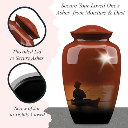 Forever URNS Adult Cremation Funeral Urn with Printed Fishing Man Theme for Human Ashes of Female & Male | 200 cu in | Large | Multicolor | Completely Handcrafted with Velvet Protection Bag