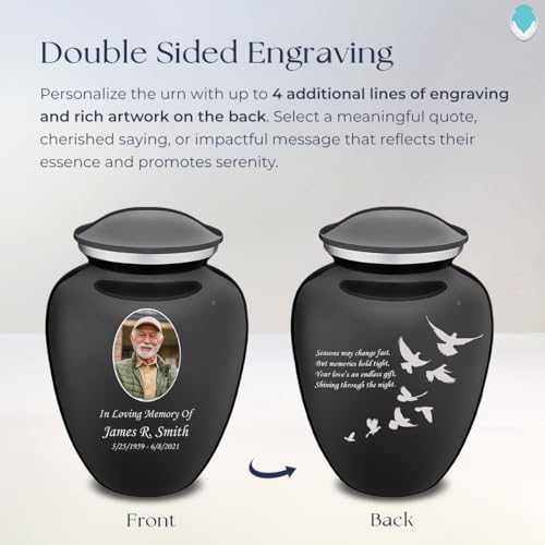 Embrace Adult Personalized Doves Cremation Urns for Human Ashes I Large Picture Charcoal Funeral Urn for Adult Men and Women with Double Side Engraving I 200 lbs - color: _Charcoal (Double Sided)