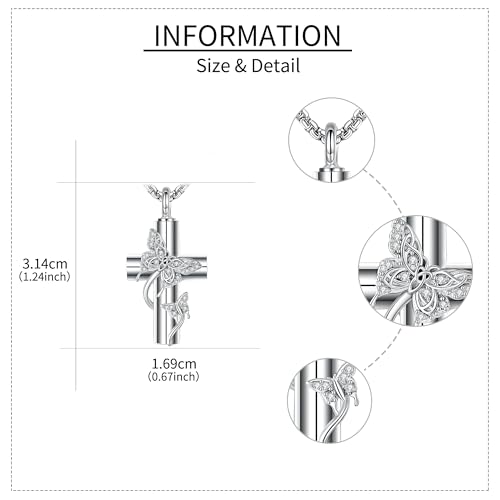 ONEFINITY Religious Urn Necklace for Ashes 925 Sterling Silver Cross/Angel Wing/Butterfly/Raphael Abalone Shell Pendant Necklace Cremation Memorial Keepsake Jewelry Gift for Ashes of Loved One Women - style: Cross Butterfly 2