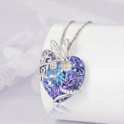 Dove/Hummingbird/Red Cardinal/Dragonfly/Butterfly Necklace 925 Sterling Silver Turquoise/Opal/MoonStone/Crystal/Malachite Bird Necklace Dove Pendant Jewelry for Women Men - color: Dragonfly Crystal