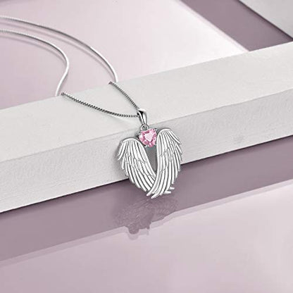 YFN Angel Wings Necklace 925 Sterling Silver Guardian Angel Wings Pendant Necklace Birthstone Necklace for Women Girls Christmas Jewelry Gifts - color: October-Pink