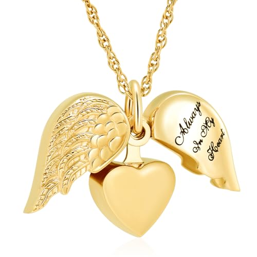 shajwo Cremation Jewelry Angel Wing Heart Urn Necklaces for Ashes Memorial Keepsake Pendant for Women Men - style: 1-Gold