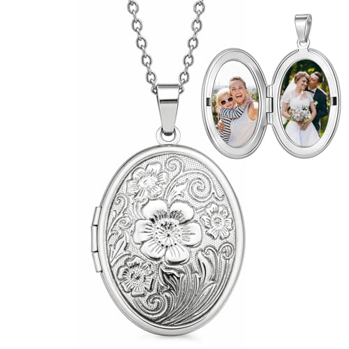 Vintage Engraved Flower Locket Necklace for Women Antique Oval Photo Pendant with Picture Holder - color: Silver
