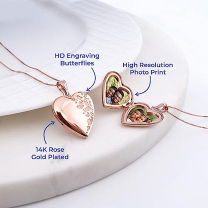 PicturesOnGold.com Personalized Heart Shaped Butterflies Photo Locket Necklace - 3/4 inch x 3/4 inch - Includes 18 inch Chain - Custom Engraved Picture Locket Necklace for Women - style: Rose Gold - Locket + 2 Photos