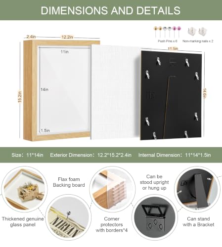11x14 Shadow Box Frame with Shatterproof Clear Glass & Push Pins - color: Wood Color+foam Back+foam Packaging, size: 11x14