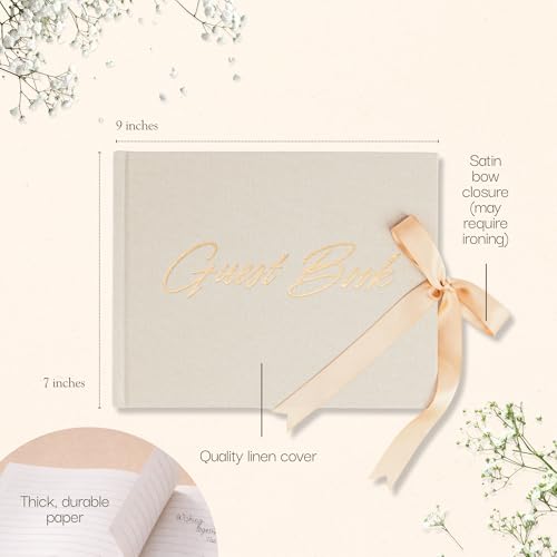 Wedding Guest Book with Keepsake Pocket & Satin Bow Closure Linen Hardcover - color: Champagne