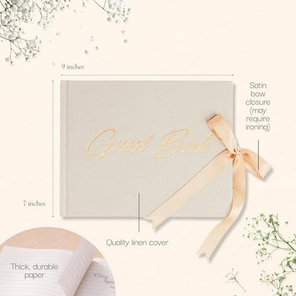 Wedding Guest Book with Keepsake Pocket & Satin Bow Closure Linen Hardcover - color: Champagne