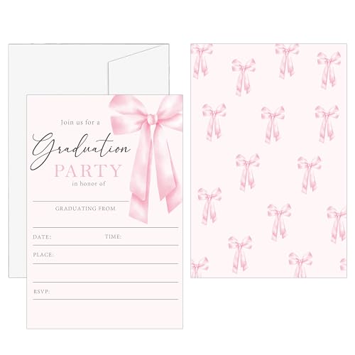 DETIHO Graduation Party Invitations 2026, Pink Bow Graduate Celebration | Invites with Envelopes | 20 Pack Grad Announcement Cards - G10 - style: Pink Bow Invitations