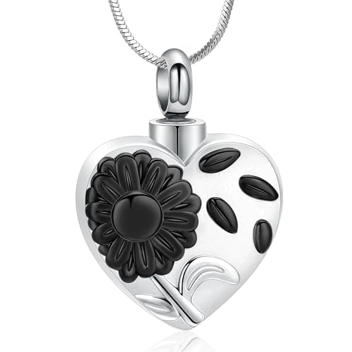 Urn Necklace for Ashes Sunflower Cross Necklace Cremation Jewelry Ashes Necklace for Human Women Pets Sunshine Pendant Keepsake Jewelry for Ashes - color: Black