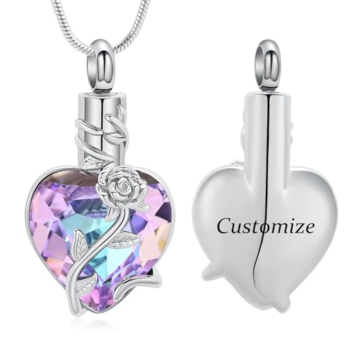 Heart Birthstone Urn Necklaces for Ashes Roseflower Cremation Memorial Ashes Pendant for Men Women Pet/Loved One Keepsakes Cremation Jewelry - color: Customize
