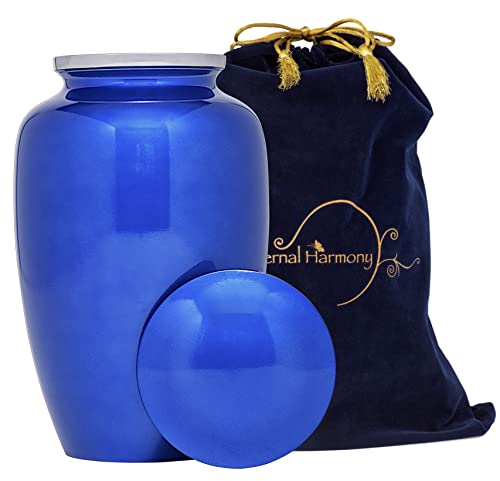 Eternal Harmony Large Urn for Ashes, Adult Male & Female Cremation Vase for Human Ashes, Secure Seal & Velvet Bag, Funeral Vase for Men & Women Up to 200 lbs, 7x11” (Large, C Blue)