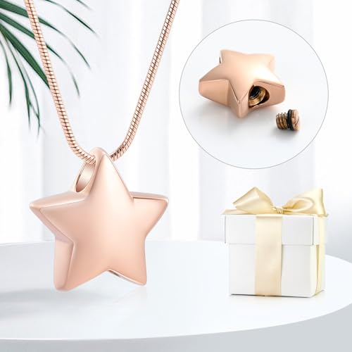 memorial jewelry Small Star Charm Cremation Urn Pendant Ashes Memorial Necklace for Woman Free Filling Kits Include - color: Rose Gold