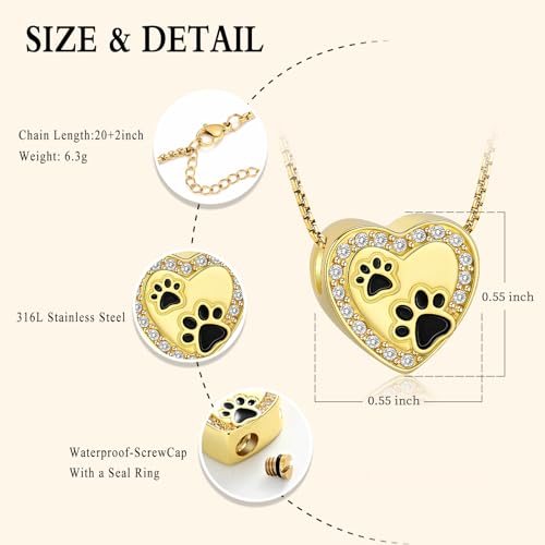 Oinsi Pet Cremation Jewelry - Heart Urn Necklaces for Dog Cat Ashes Keepsake Pet Paw Memorial Urn Pendant Ash Holder for Women Men - color: Gold