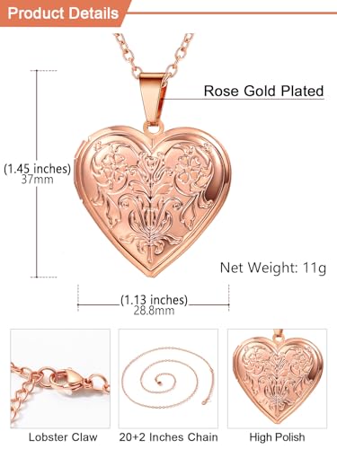 U7 Women Locket Necklace, Heart Photo Lockets Hold Picture, Gift Box Packed - color: 02# Rose Gold*Flower Grain